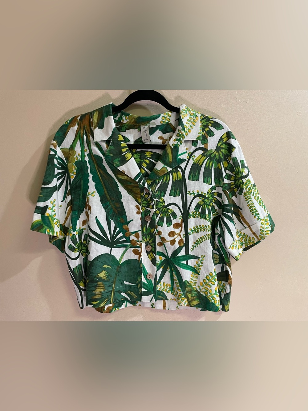 Joie Size 8 Tropical Leaf Print Linen Blend Short Sleeve Button-Up Shirt NWOT